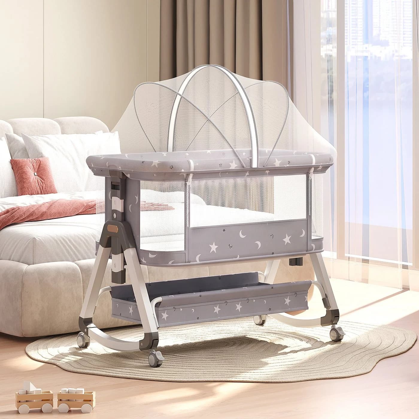 oyajia Beistellbett 3 in 1 Grau/Beige 6-stufig Höhenverstellung - Bild 2