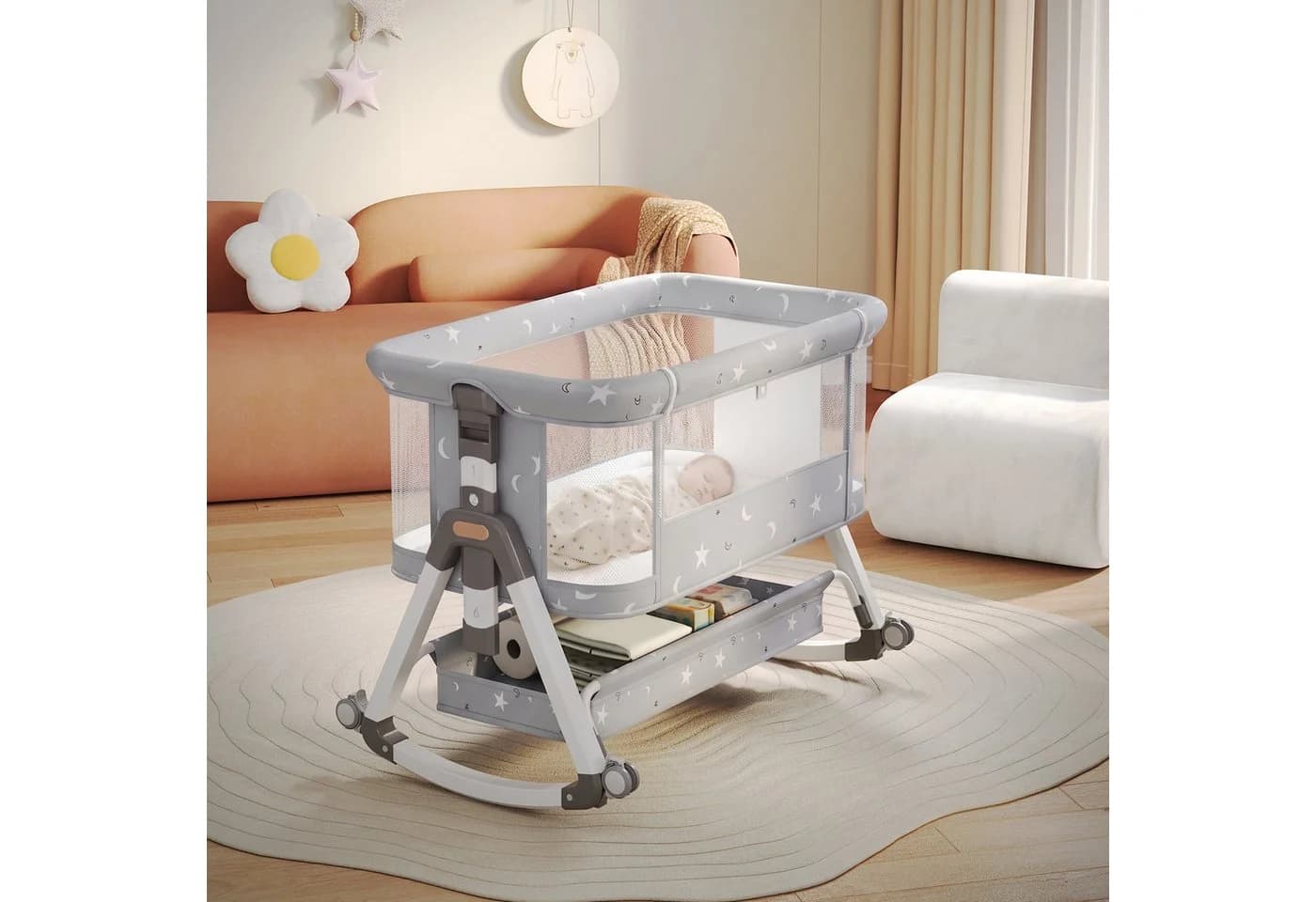 oyajia Beistellbett 3 in 1 Grau/Beige 6-stufig Höhenverstellung - Bild 3