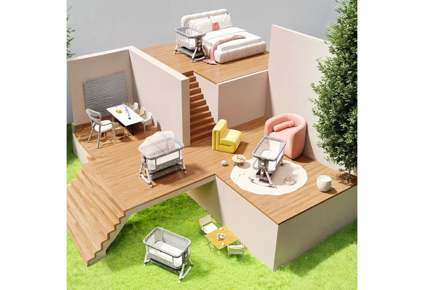 oyajia Beistellbett 3 in 1 Grau/Beige 6-stufig Höhenverstellung - Bild 4