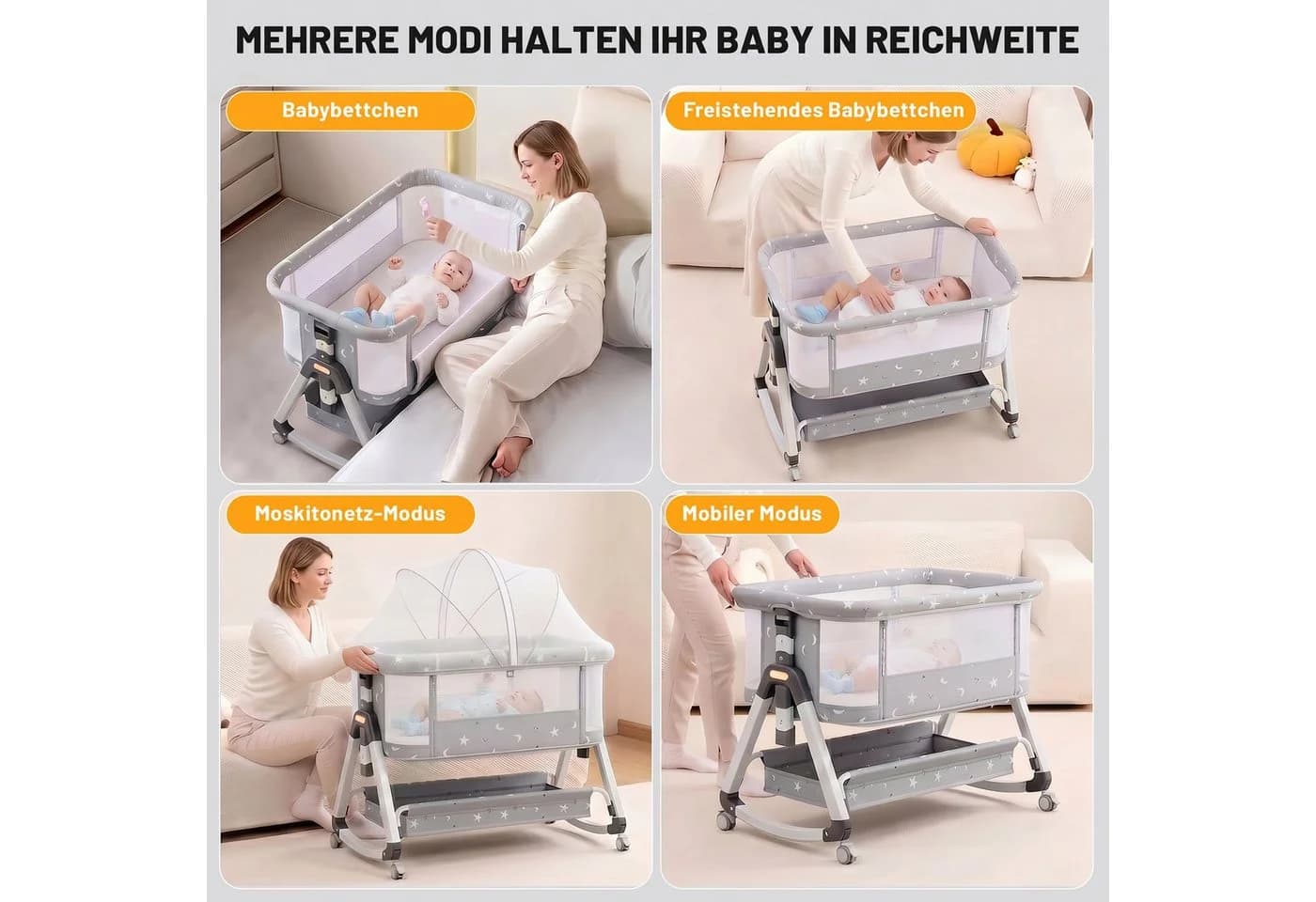 oyajia Beistellbett 3 in 1 Grau/Beige 6-stufig Höhenverstellung - Bild 5