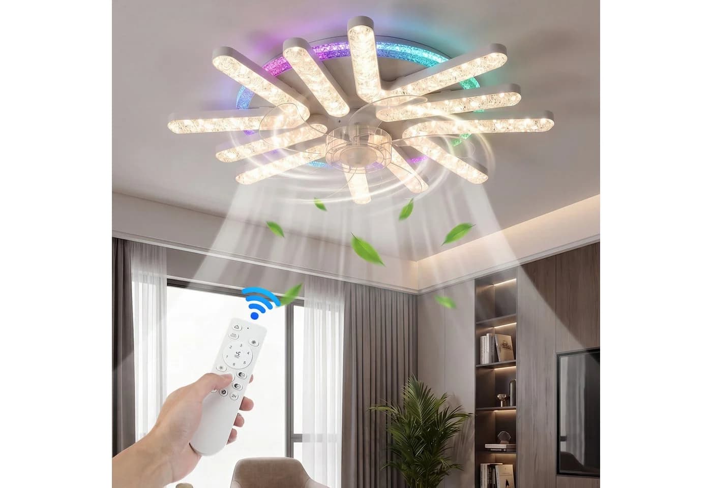 oyajia Deckenventilator mit LED-Beleuchtung, RGB dimmbar, 6-Gang Silent-Lüfter