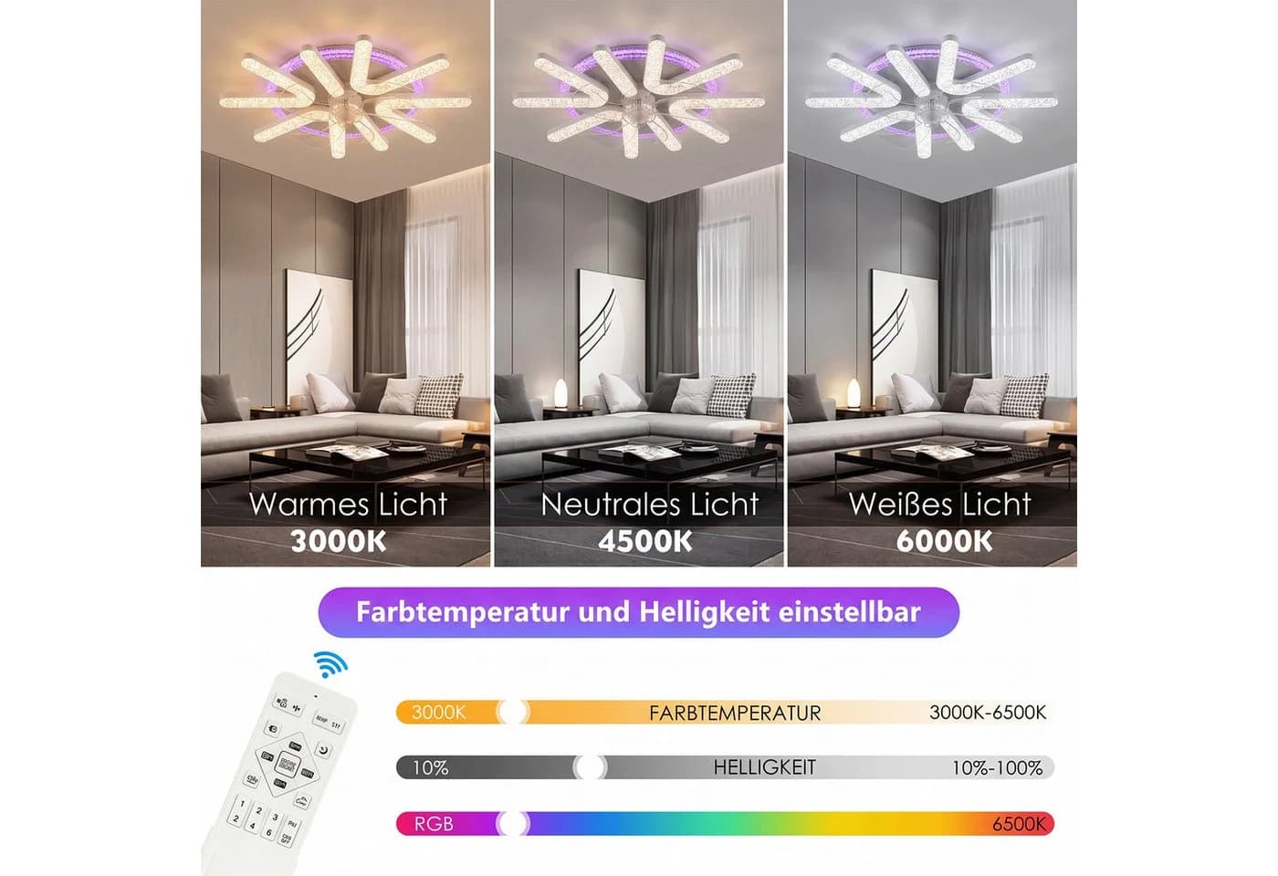oyajia Deckenventilator mit LED-Beleuchtung, RGB dimmbar, 6-Gang Silent-Lüfter - Bild 4