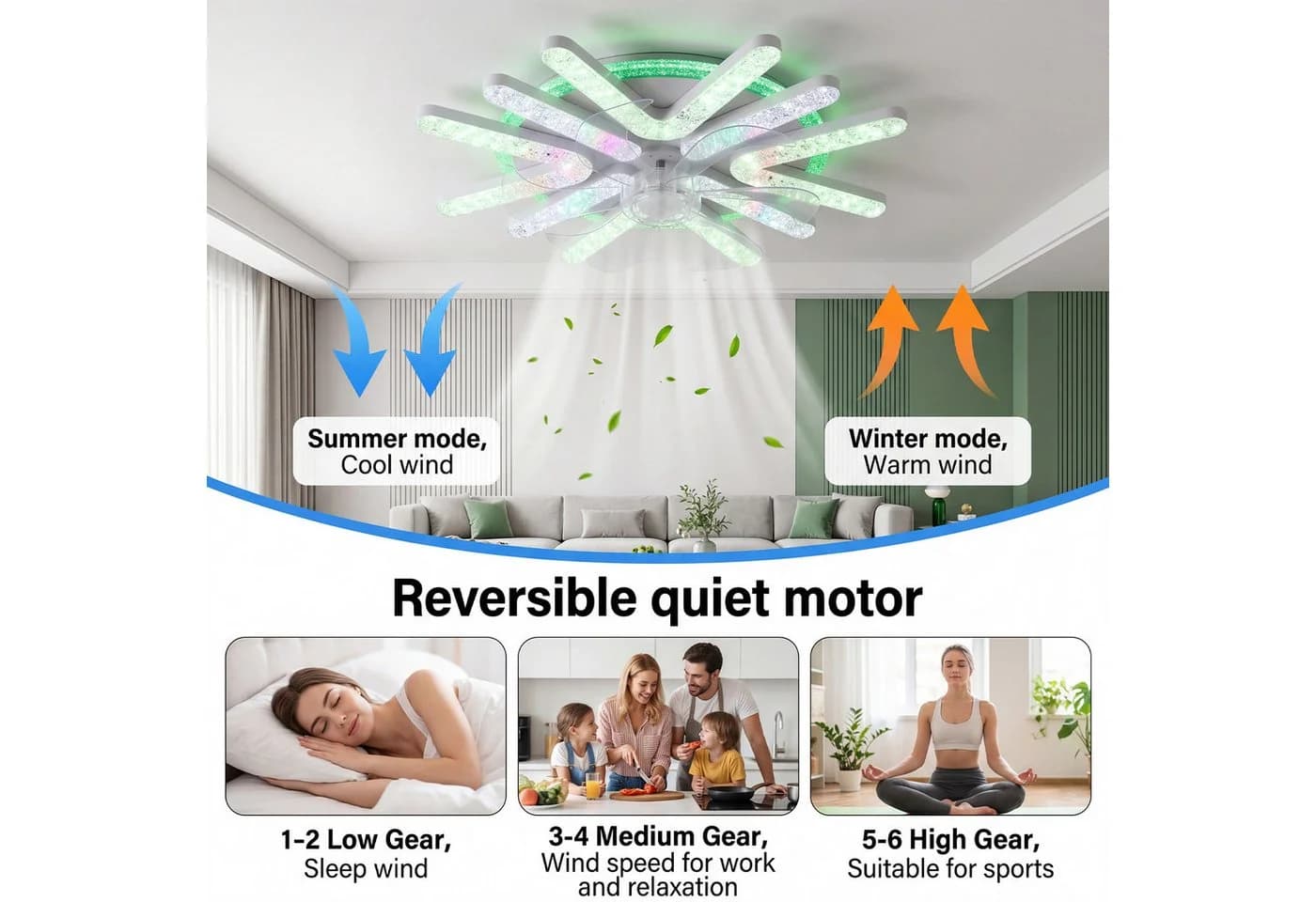 oyajia Deckenventilator mit LED-Beleuchtung, RGB dimmbar, 6-Gang Silent-Lüfter - Bild 5