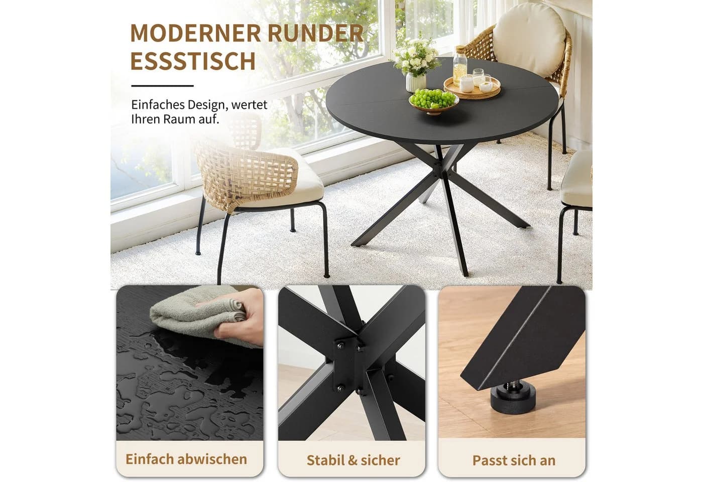 Fine Life Pro Runder Esstisch Schwarz mit X-Stahlbeinen - Bild 3