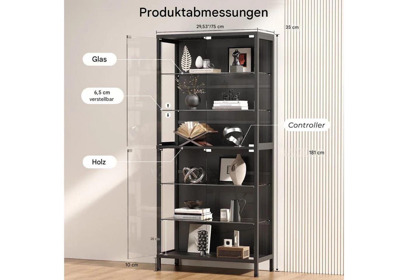 BROTTAR Glasvitrine mit LED-Beleuchtung und 6 Ebenen Schwarz - Bild 4