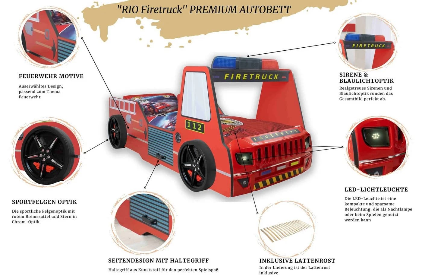 Aileenstore Autobett Rio Feuerwehrbett mit LED Licht Hochglanz - Bild 2