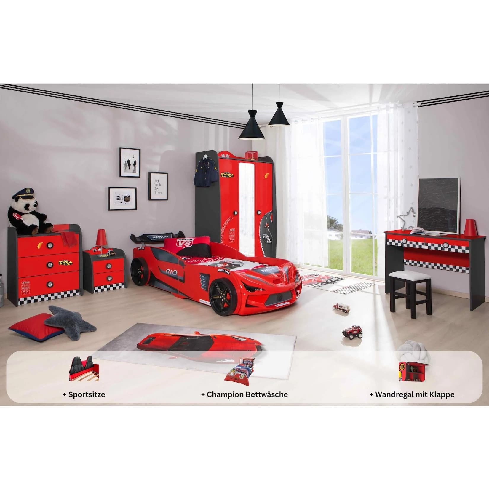 Kinderzimmer Set Autobett Rio 5-teilig Rot mit Stauraum