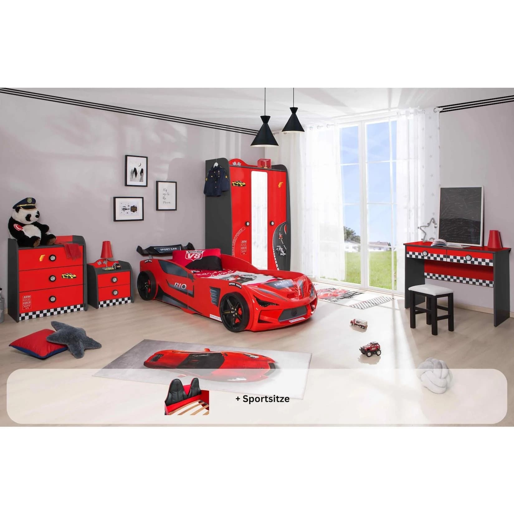 Kinderzimmer komplett Set Autobett Rio 5-teilig Rot