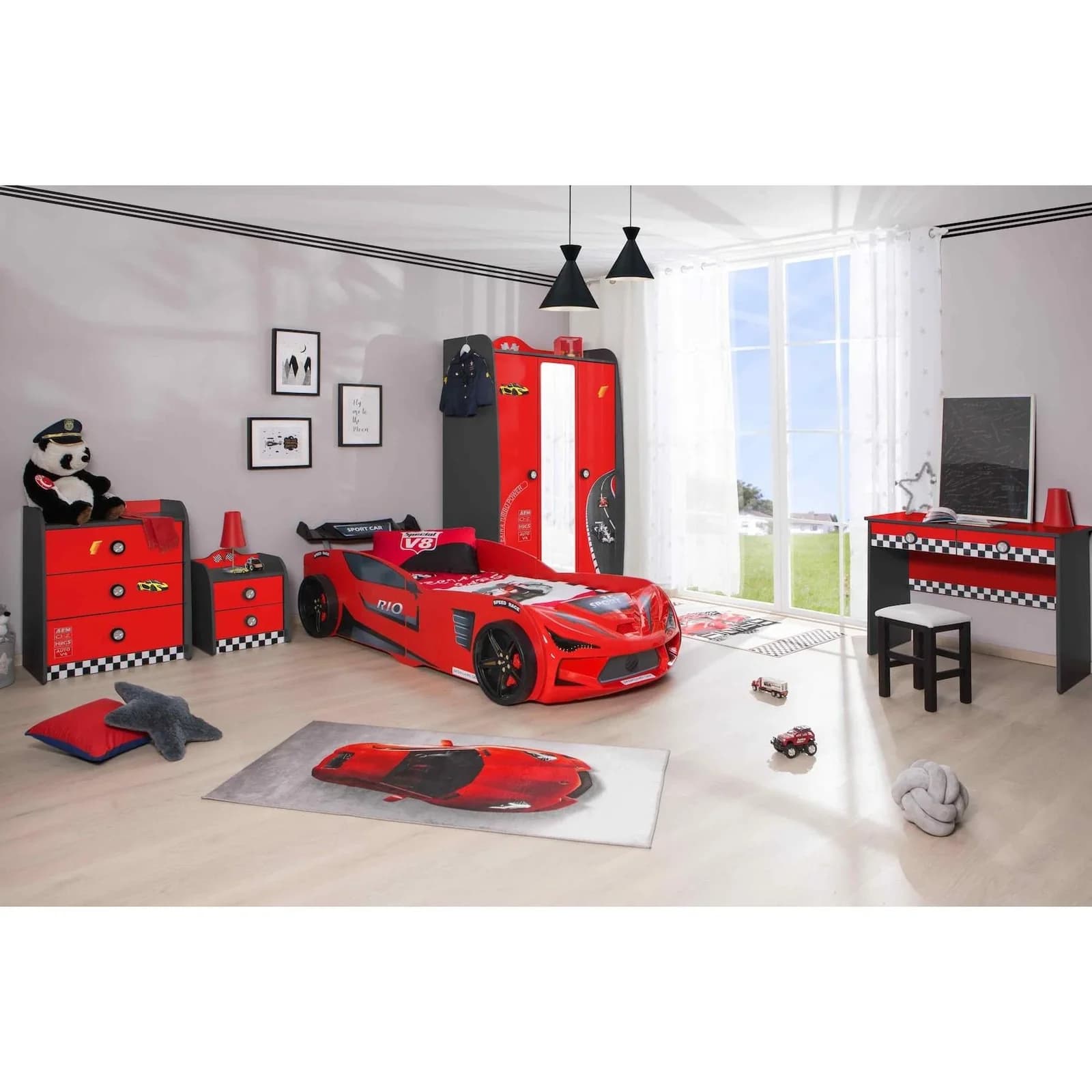Kinderzimmer Set 5-tlg. Autobett Rio Rot mit Stauraum