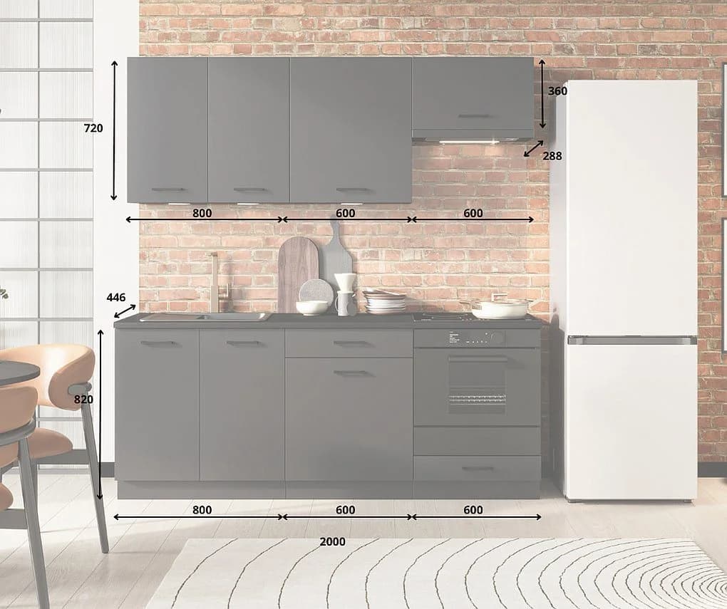 Möbel für Dich Küchenzeile ANIKA 200 cm, 6-teilig Graphit