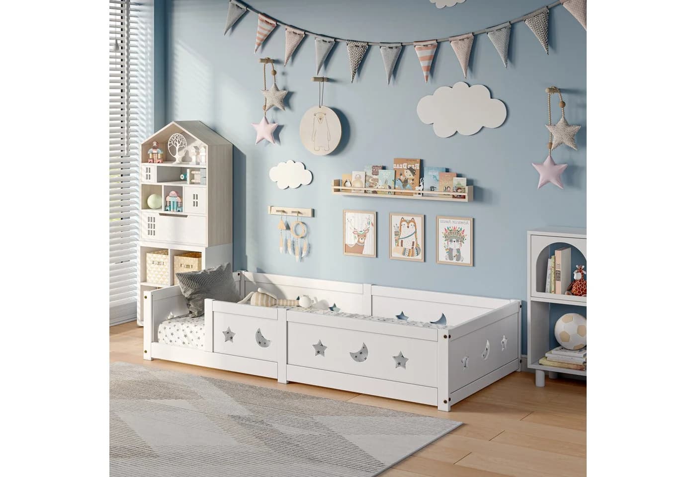 Simurq Kinderbett Montessori Bodenbett weiß mit Lattenrost