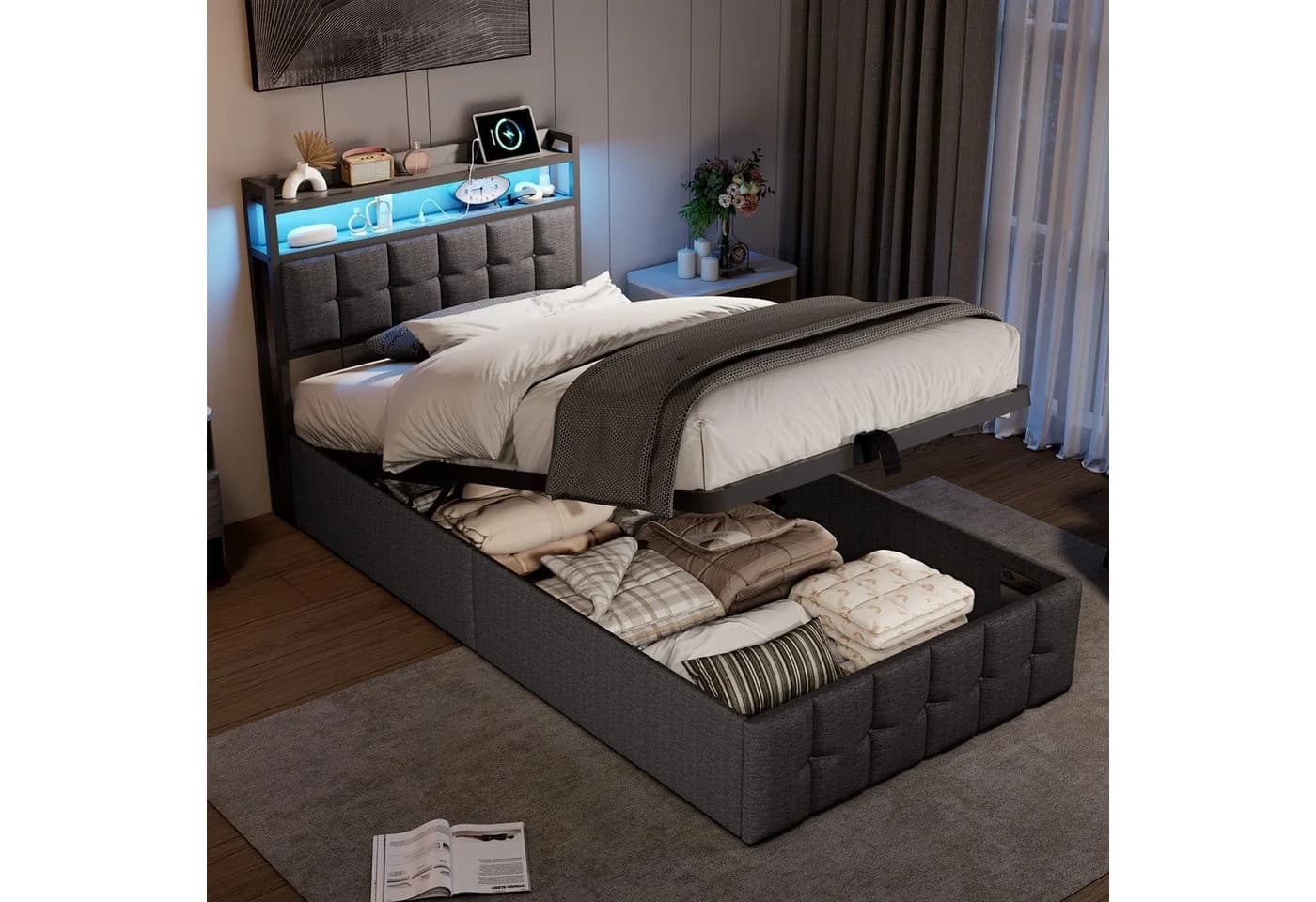 Simurq Polsterbett mit Stauraum und LED-Beleuchtung Grau - Bild 2