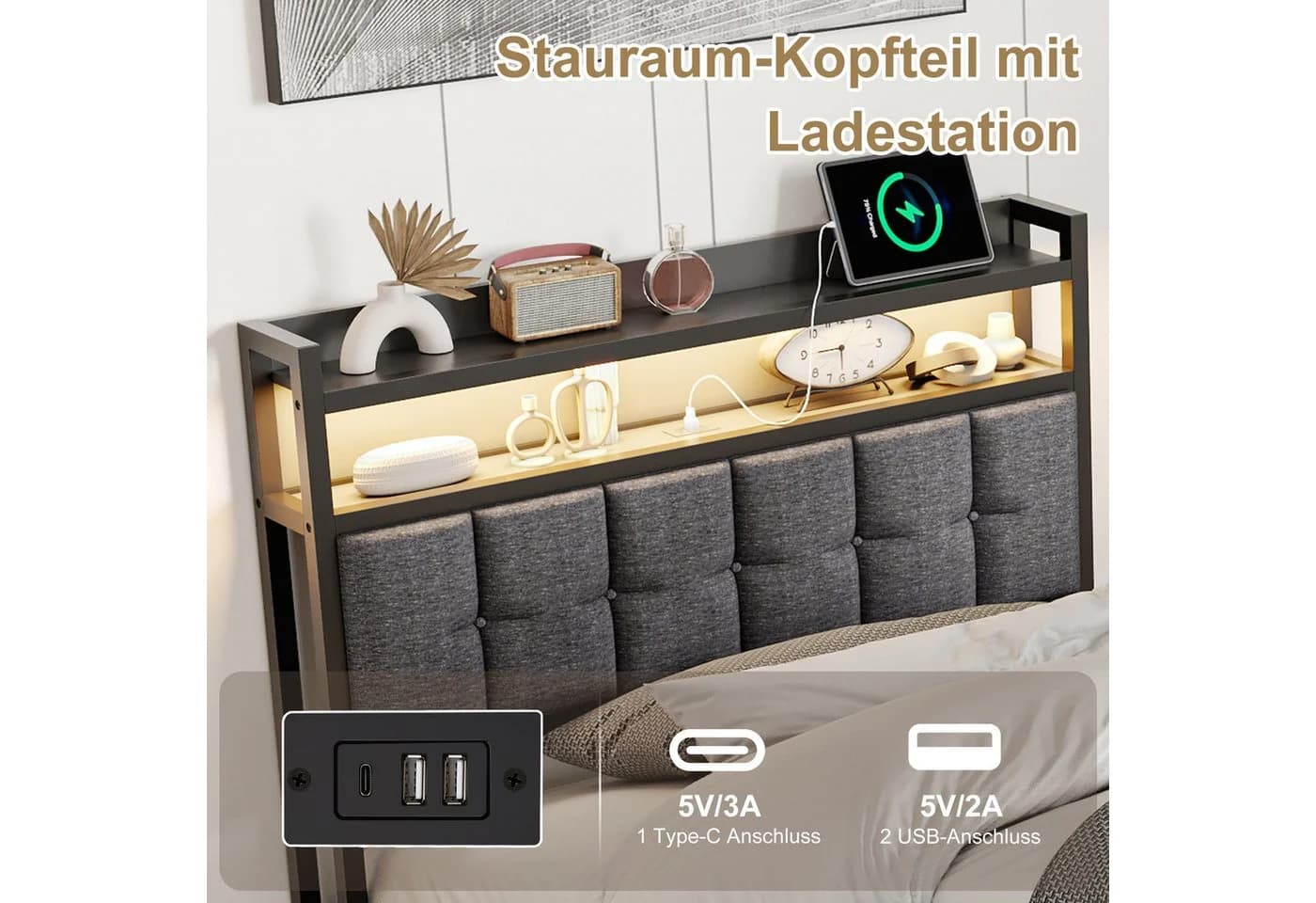 Simurq Polsterbett mit Stauraum und LED-Beleuchtung Grau - Bild 3