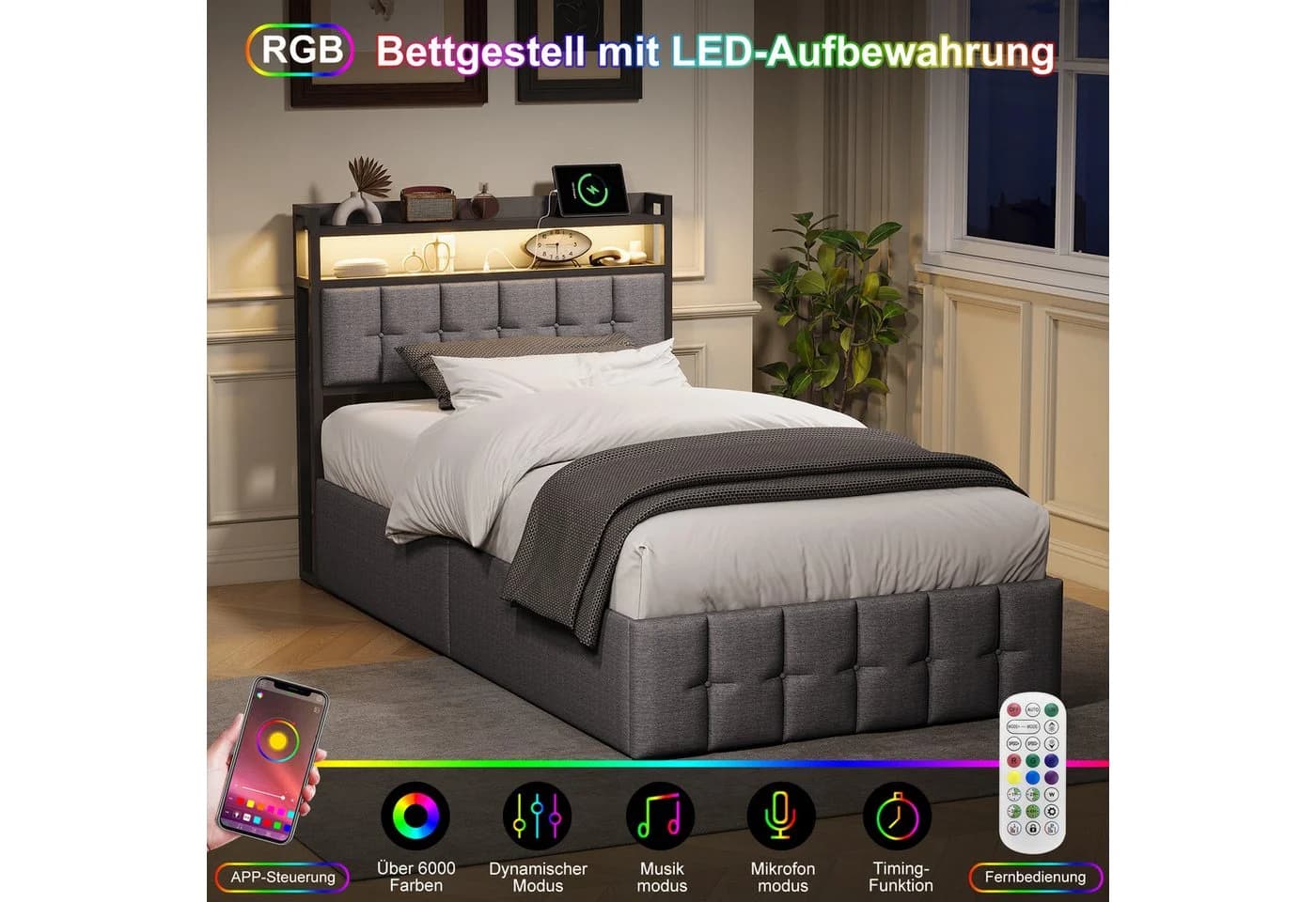 Simurq Polsterbett mit Stauraum und LED-Beleuchtung Grau - Bild 5