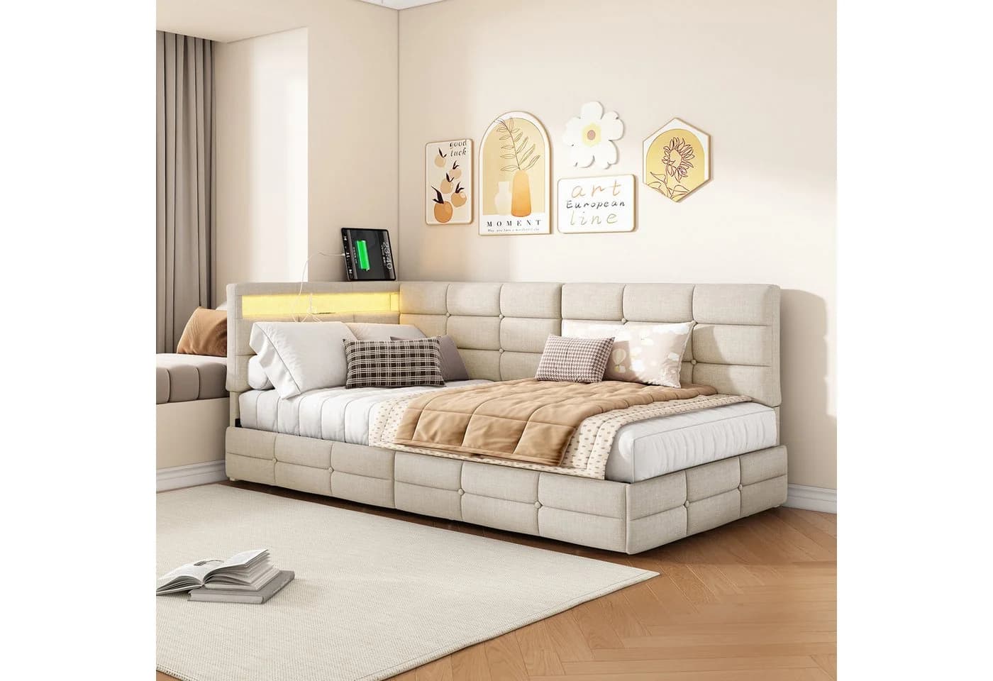 Simurq Polsterbett Beige mit LED, USB & Schubladen