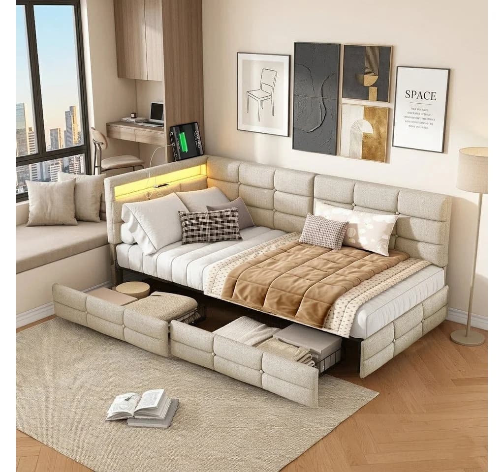 Simurq Polsterbett Beige mit LED, USB & Schubladen - Bild 2
