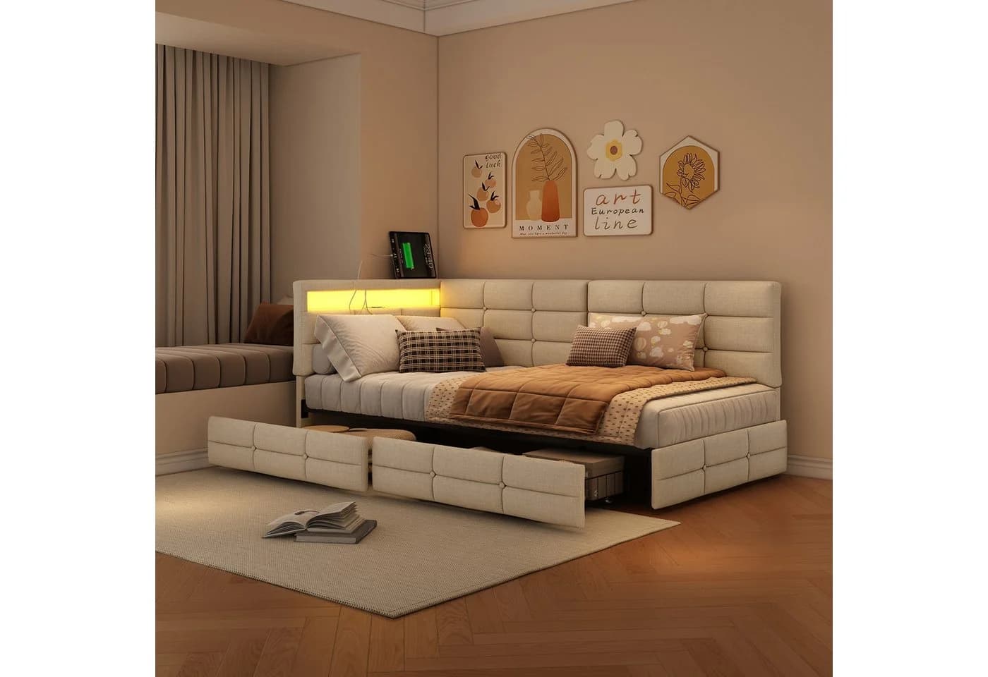 Simurq Polsterbett Beige mit LED, USB & Schubladen - Bild 3