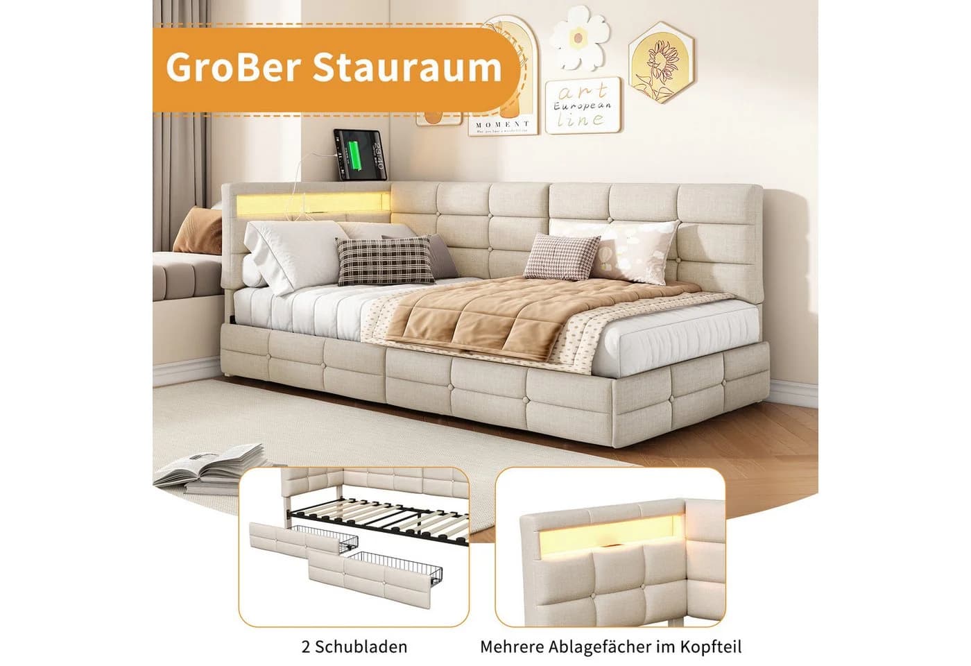 Simurq Polsterbett Beige mit LED, USB & Schubladen - Bild 4