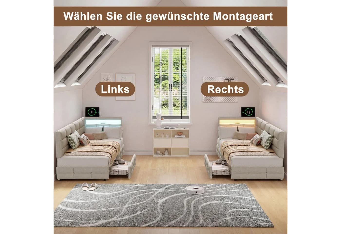 Simurq Polsterbett Beige mit LED, USB & Schubladen - Bild 5