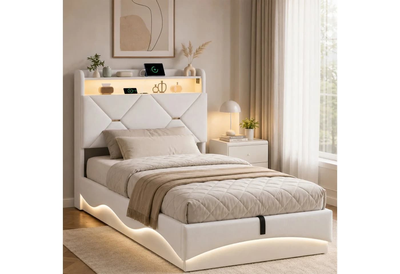Simurq Stauraumbett Polsterbett 90x200 Samt mit LED und Ladestation - Bild 2