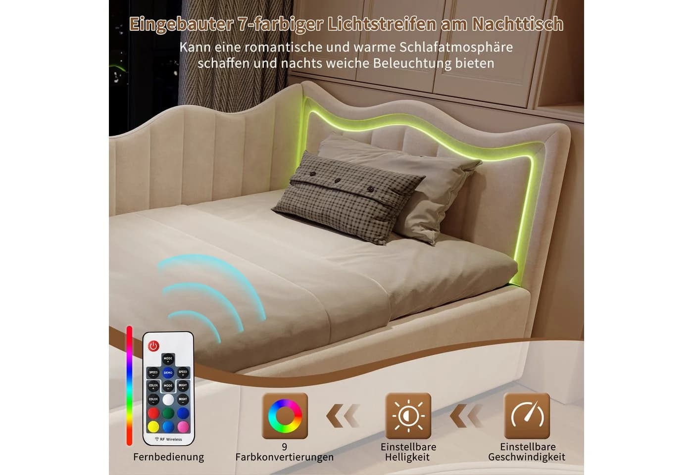 Simurq Polsterbett mit Bettkasten und LED-Beleuchtung Beige Samt