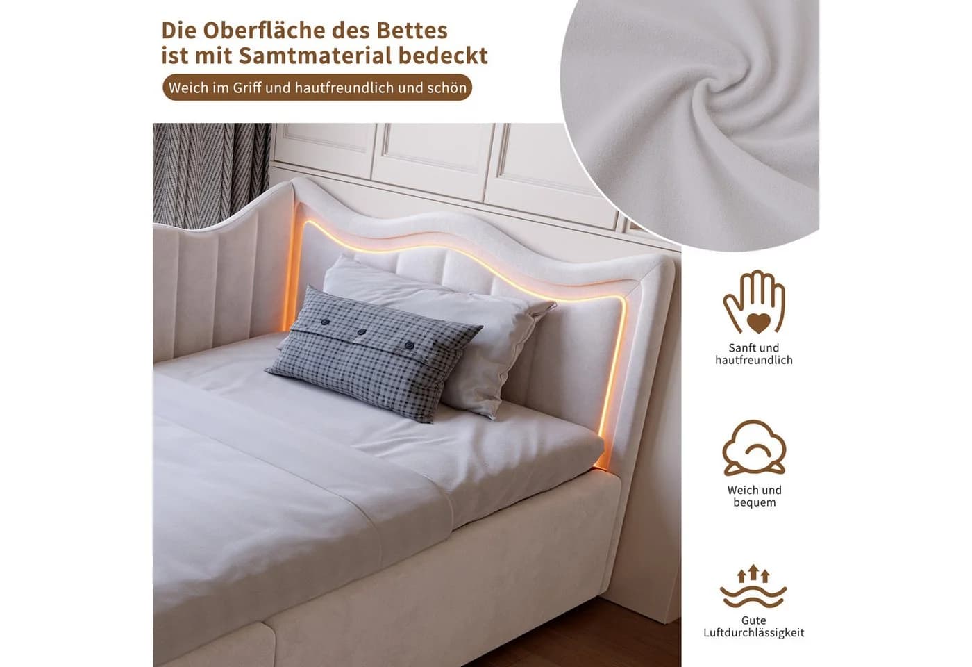 Simurq Polsterbett mit Bettkasten und LED-Beleuchtung Beige Samt - Bild 3