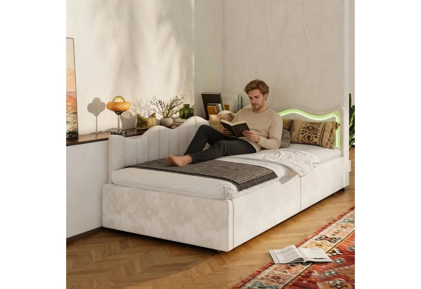 Simurq Polsterbett mit Bettkasten und LED-Beleuchtung Beige Samt - Bild 4