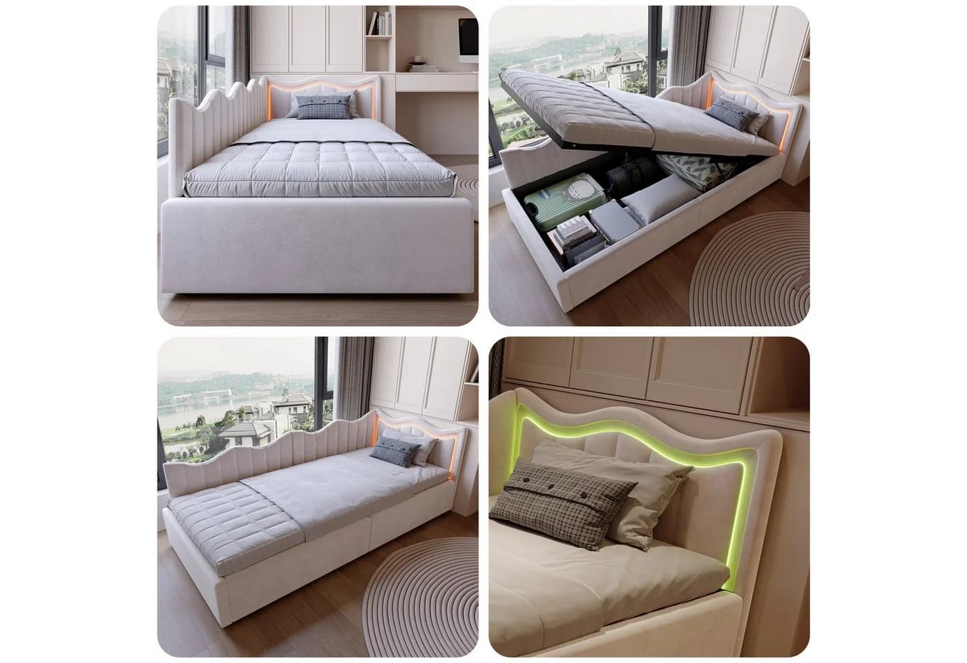 Simurq Polsterbett mit Bettkasten und LED-Beleuchtung Beige Samt - Bild 5