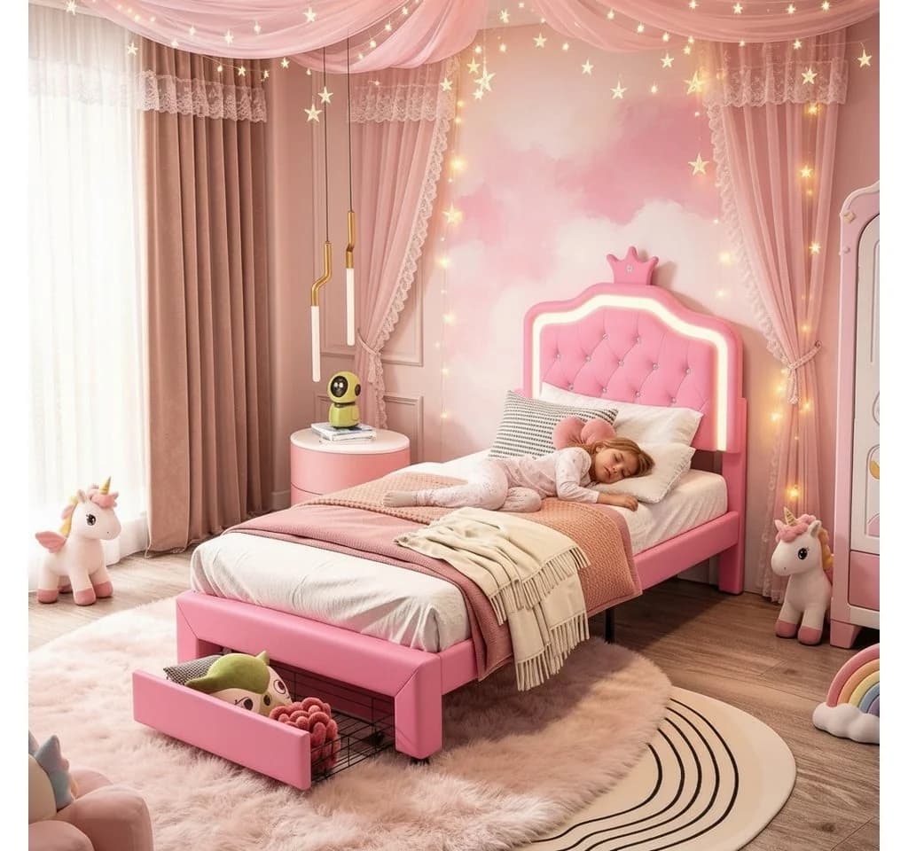 Simurq Kinderbett Rosa mit LED-Beleuchtung und Stauraum