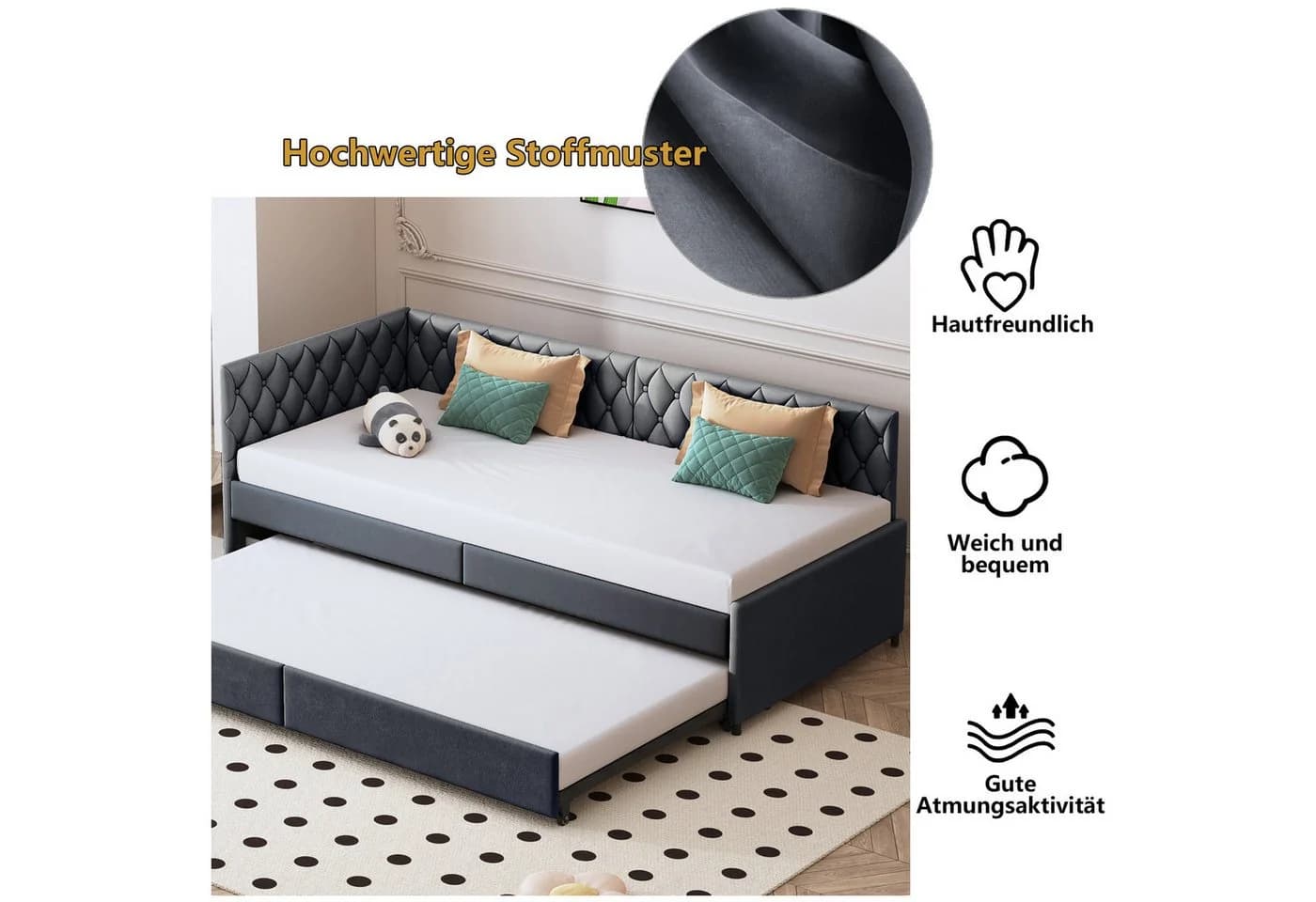 Simurq Schlafsofa Grau Samt Ausziehbett mit Lattenrost