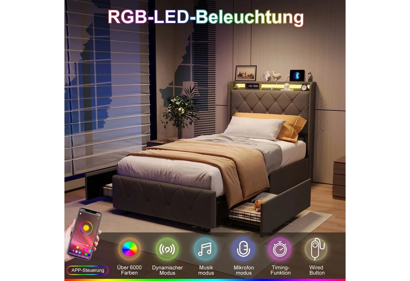 Simurq Polsterbett 90x200 mit Schubladen, LED & USB grau