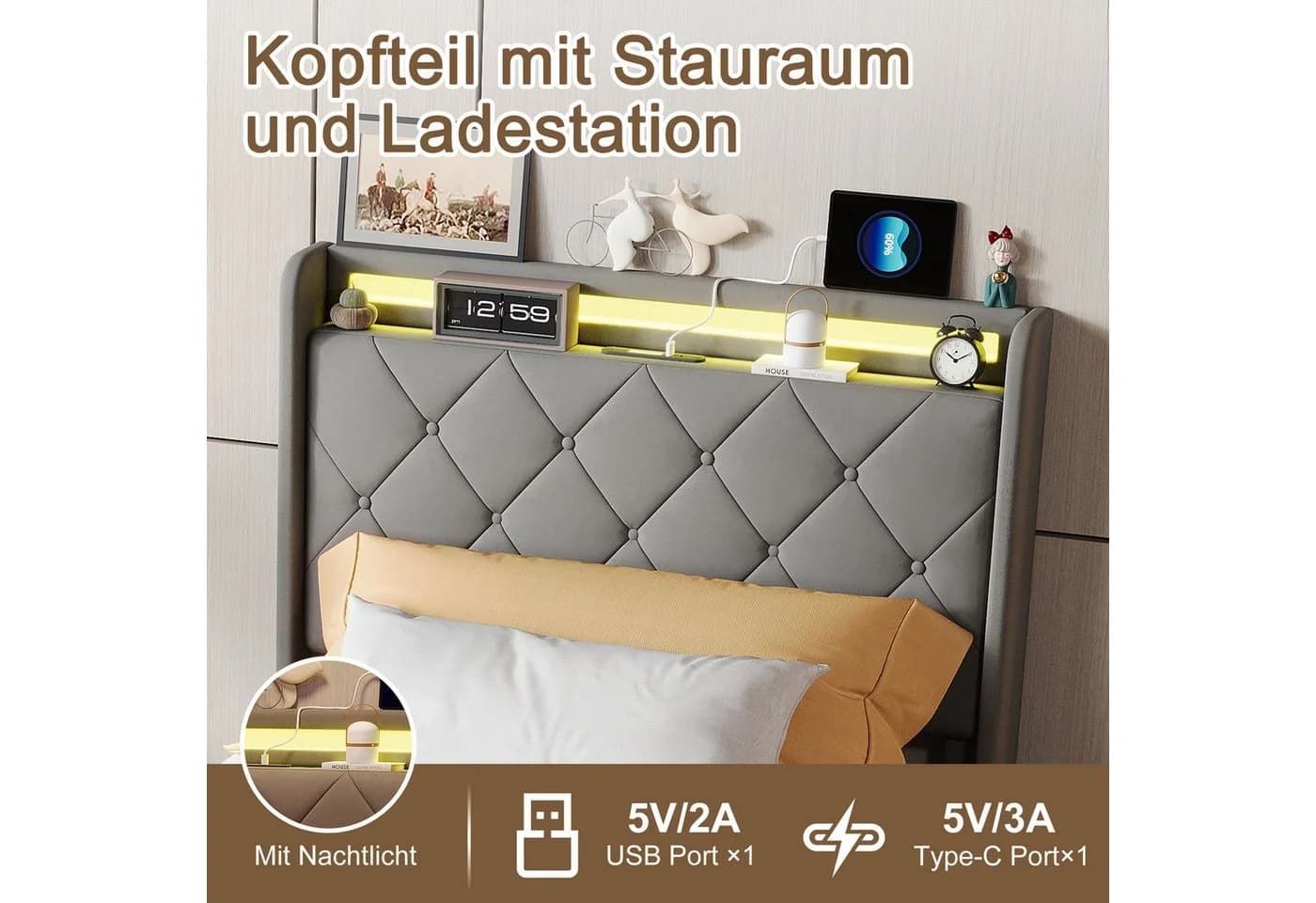 Simurq Polsterbett 90x200 mit Schubladen, LED & USB grau - Bild 3