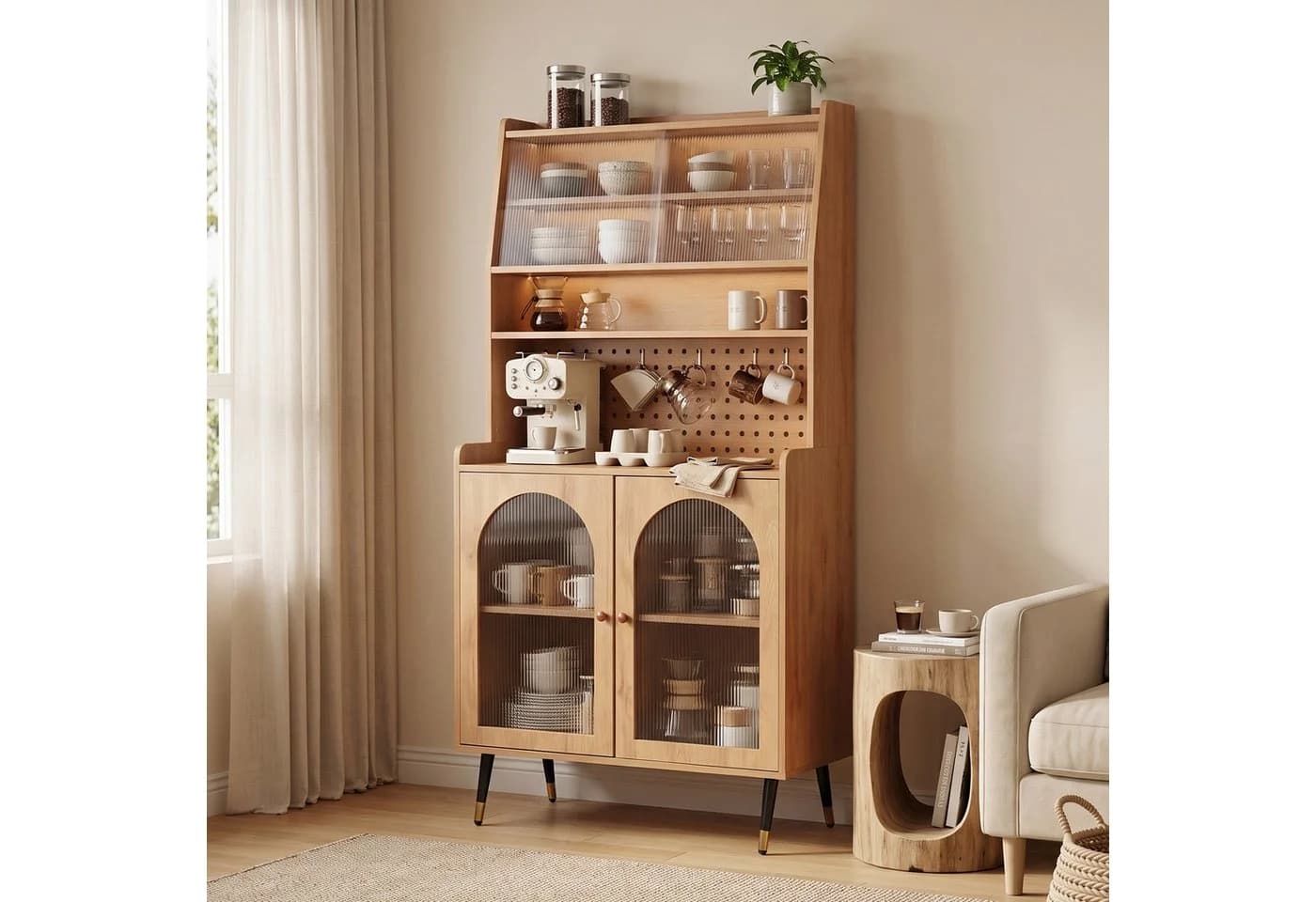 Jiexi Highboard 160cm mit Lochwand & Riffelglas Eiche - Bild 2