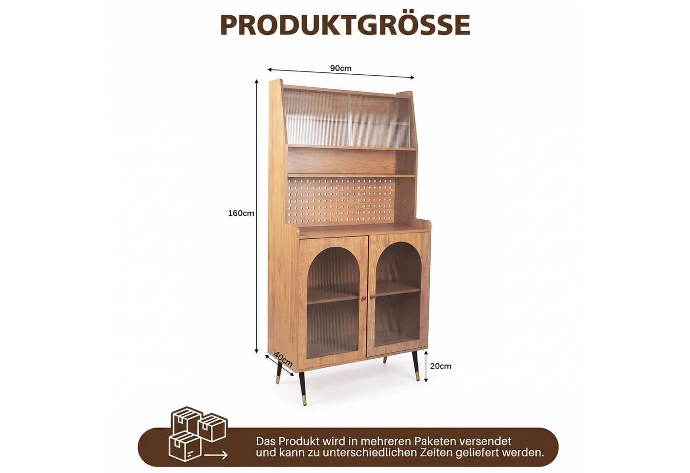Jiexi Highboard 160cm mit Lochwand & Riffelglas Eiche - Bild 3