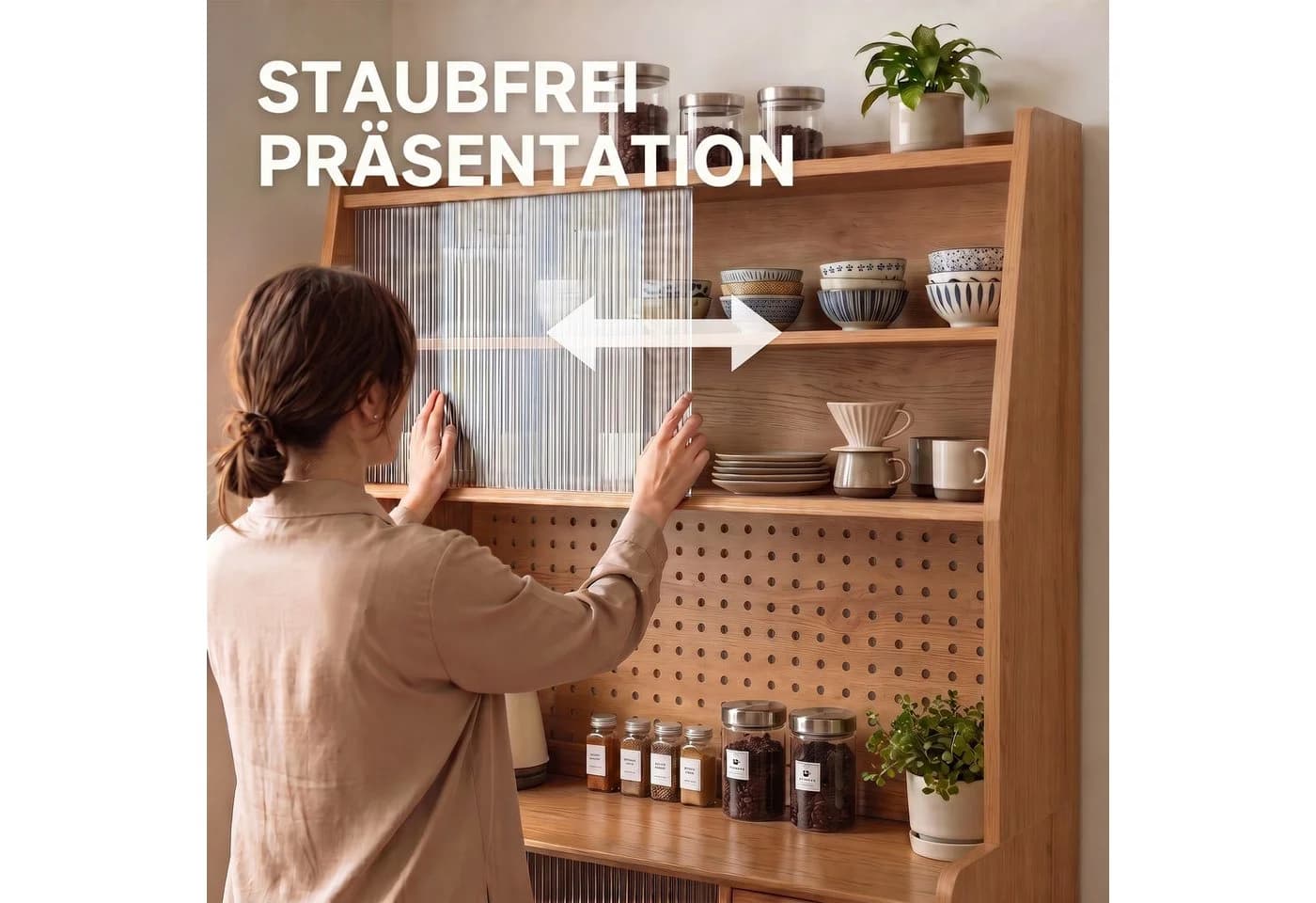 Jiexi Highboard 160cm mit Lochwand & Riffelglas Eiche - Bild 5