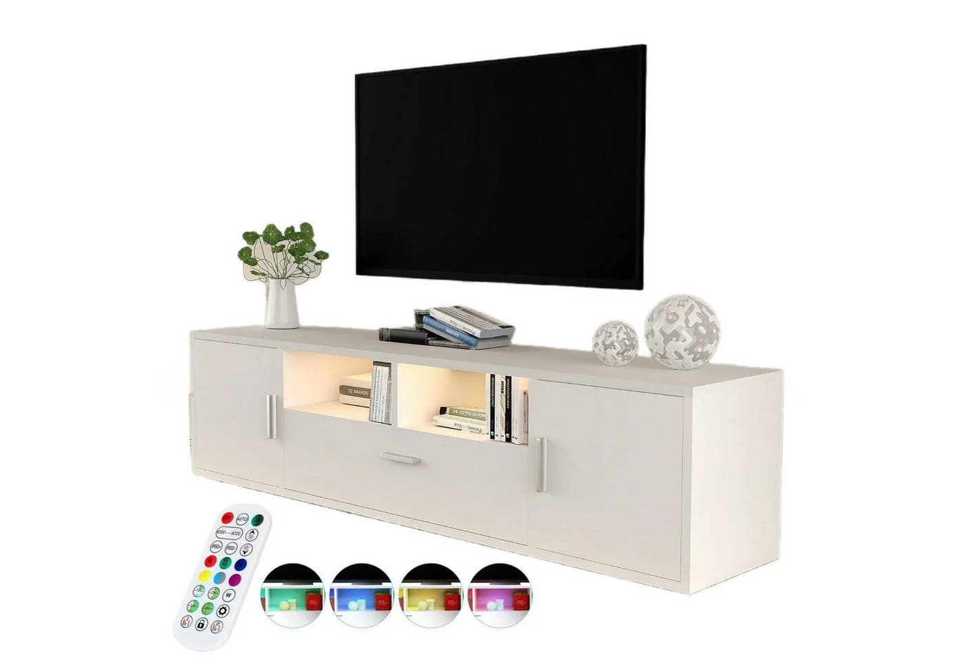 WILGOON TV-Schrank Fernsehkommode Hochglanz Weiß 160cm LED-Beleuchtung - Bild 2