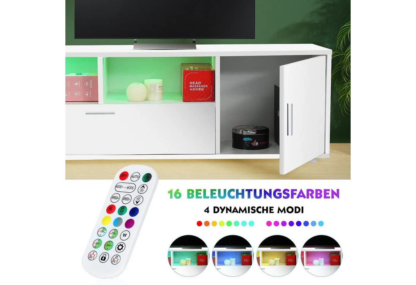 WILGOON TV-Schrank Fernsehkommode Hochglanz Weiß 160cm LED-Beleuchtung - Bild 4