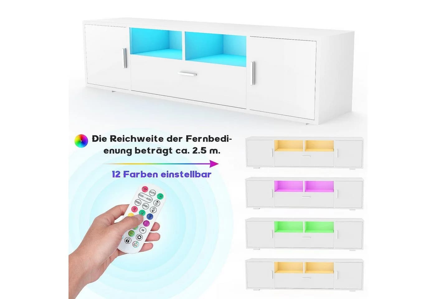 WILGOON TV-Schrank Fernsehkommode Hochglanz Weiß 160cm LED-Beleuchtung - Bild 5