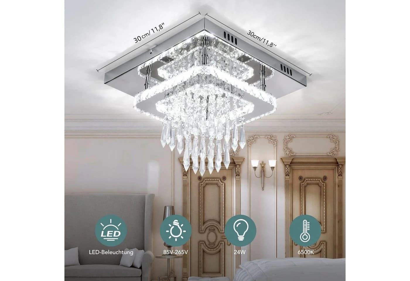 LETGOSPT LED Deckenleuchte K9 Kristall Edelstahl Modern Silber - Bild 3