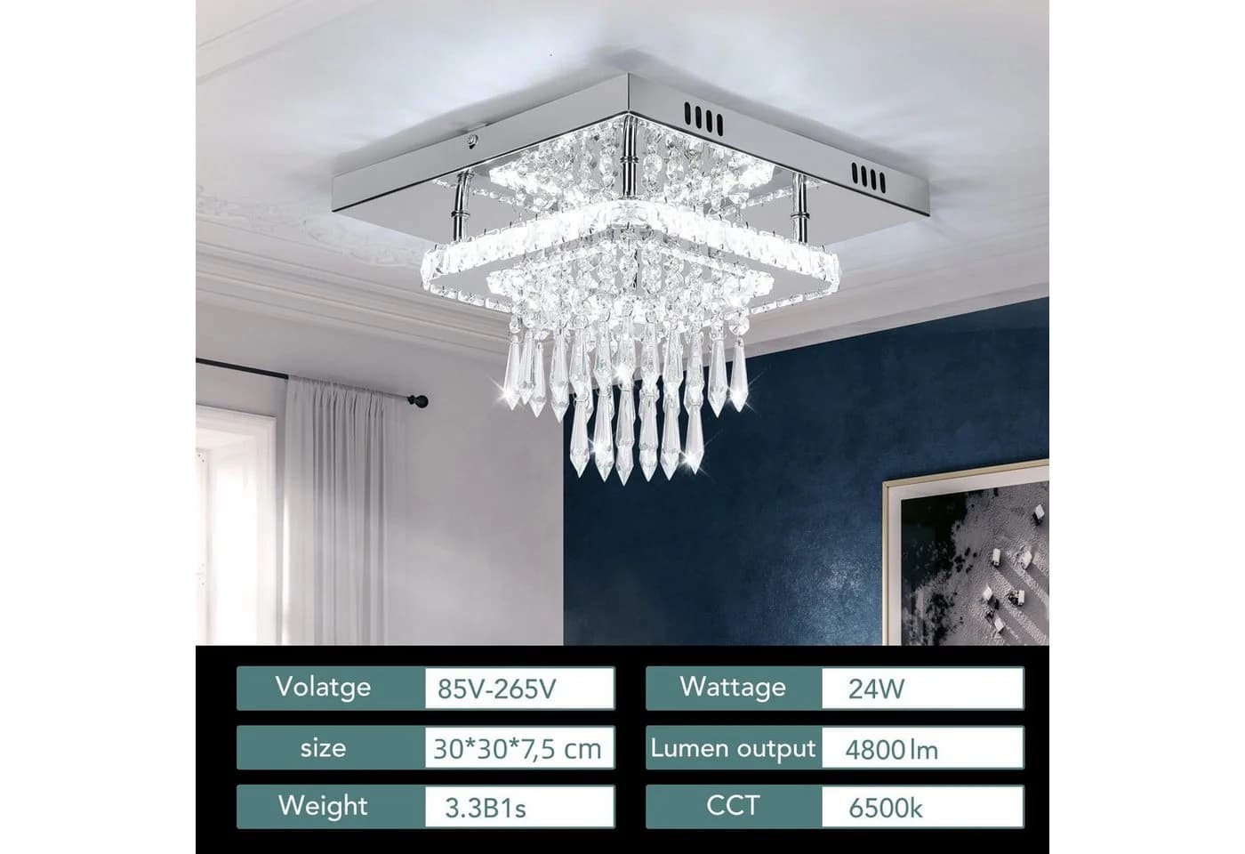 LETGOSPT LED Deckenleuchte K9 Kristall Edelstahl Modern Silber - Bild 4