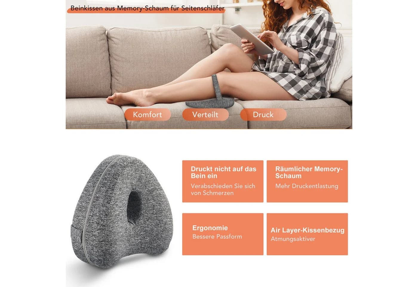 LETGOSPT Kniekissen 2 Stück Grau Memory Foam mit Fixiergurt - Bild 5