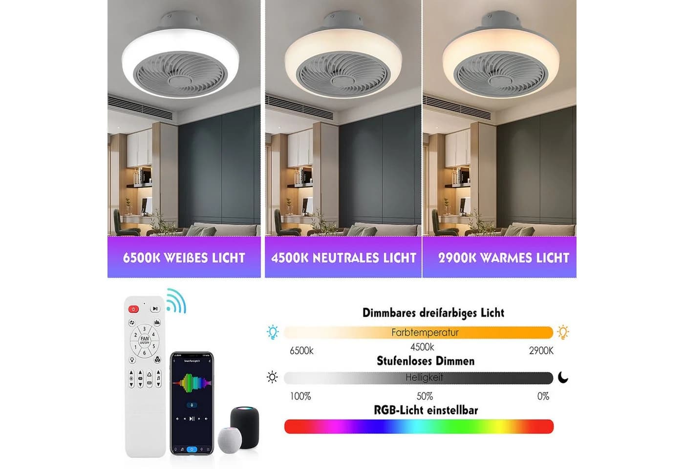 oyajia LED Deckenleuchte 50W mit Ventilator & RGB - Bild 4