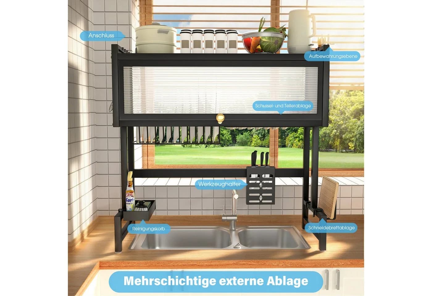oyajia Geschirrständer über Spüle mit Tür, 2-stöckig, Karbonstahl, Schwarz - Bild 4