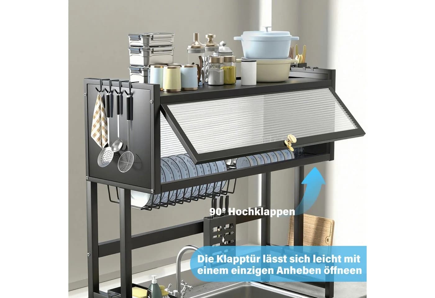 oyajia Geschirrständer über Spüle mit Tür, 2-stöckig, Karbonstahl, Schwarz - Bild 5
