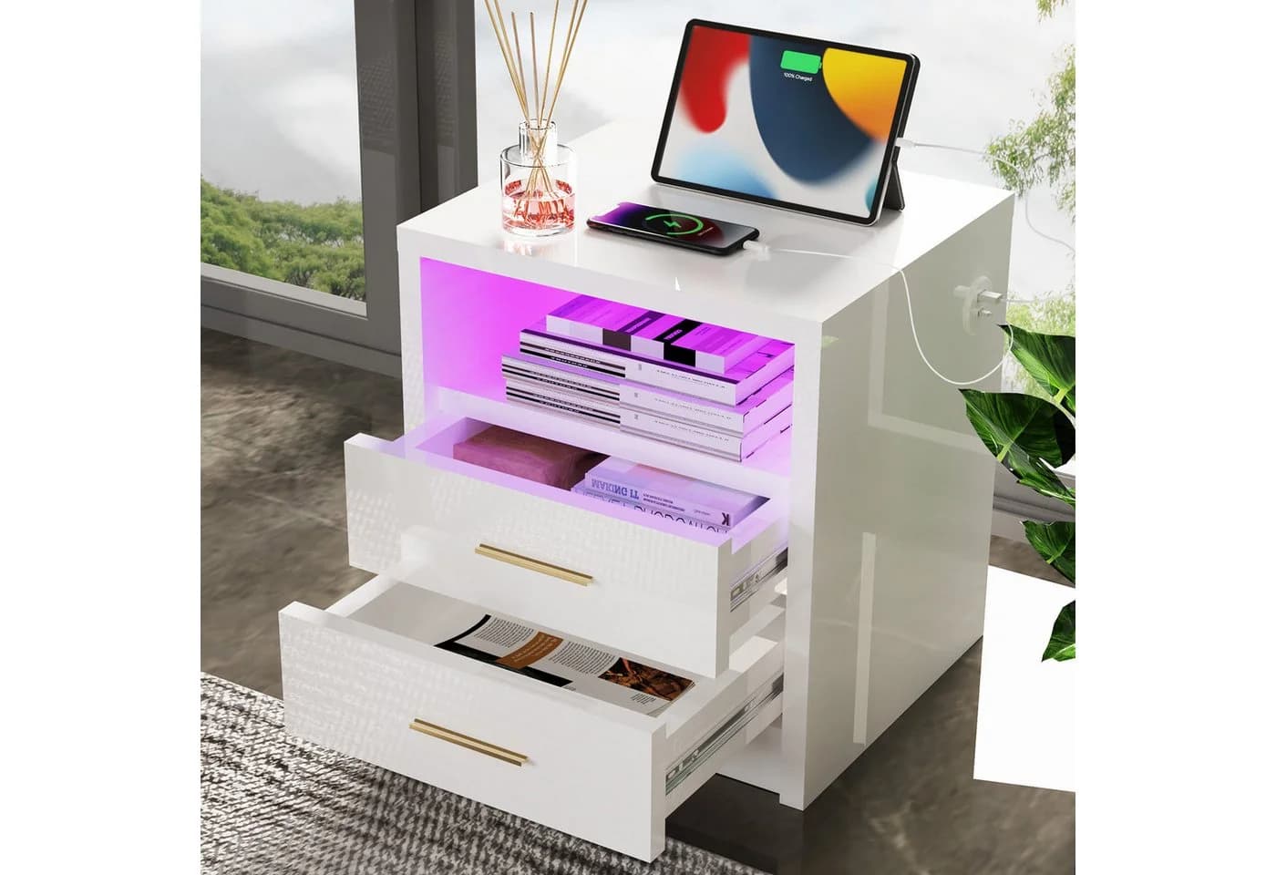 oyajia Nachttisch Weiß/Schwarz mit 2/3 Schubladen, Ladestation & RGB-LED - Bild 1