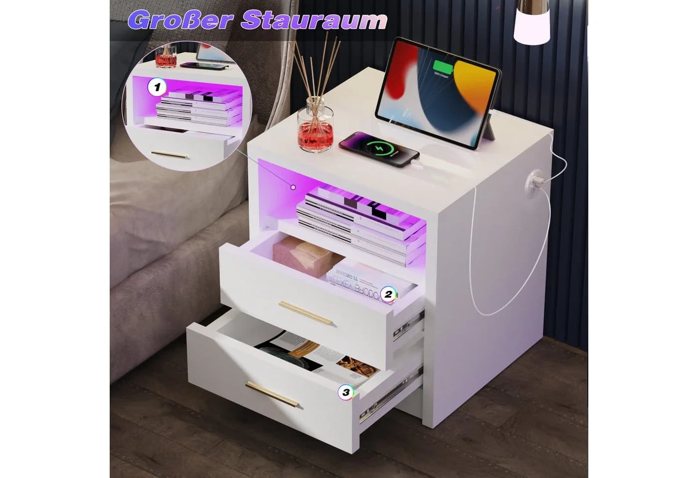 oyajia Nachttisch Weiß/Schwarz mit 2/3 Schubladen, Ladestation & RGB-LED - Bild 5