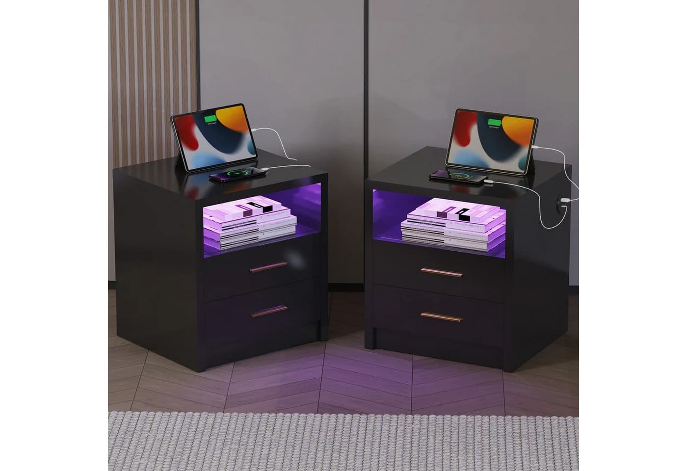oyajia Nachttisch Weiß/Schwarz mit LED und Ladestation - Bild 3