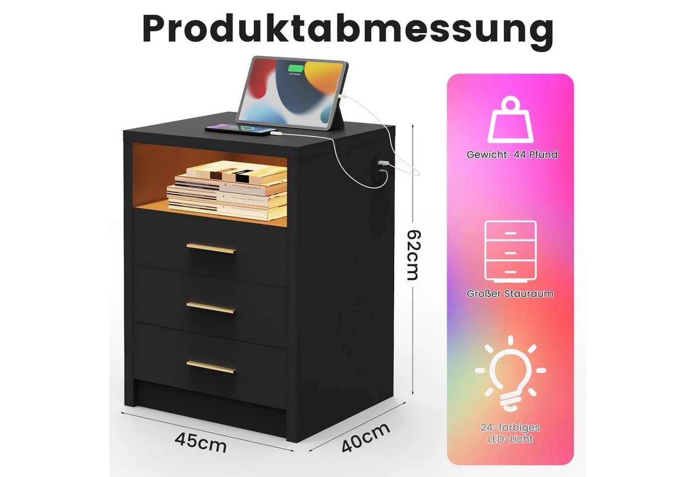 oyajia Nachttisch Weiß/Schwarz mit LED und Ladestation - Bild 4