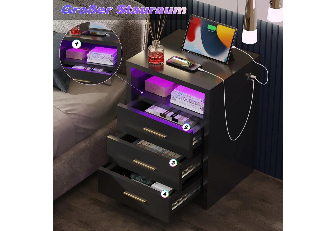 oyajia Nachttisch Weiß/Schwarz mit LED und Ladestation - Bild 5