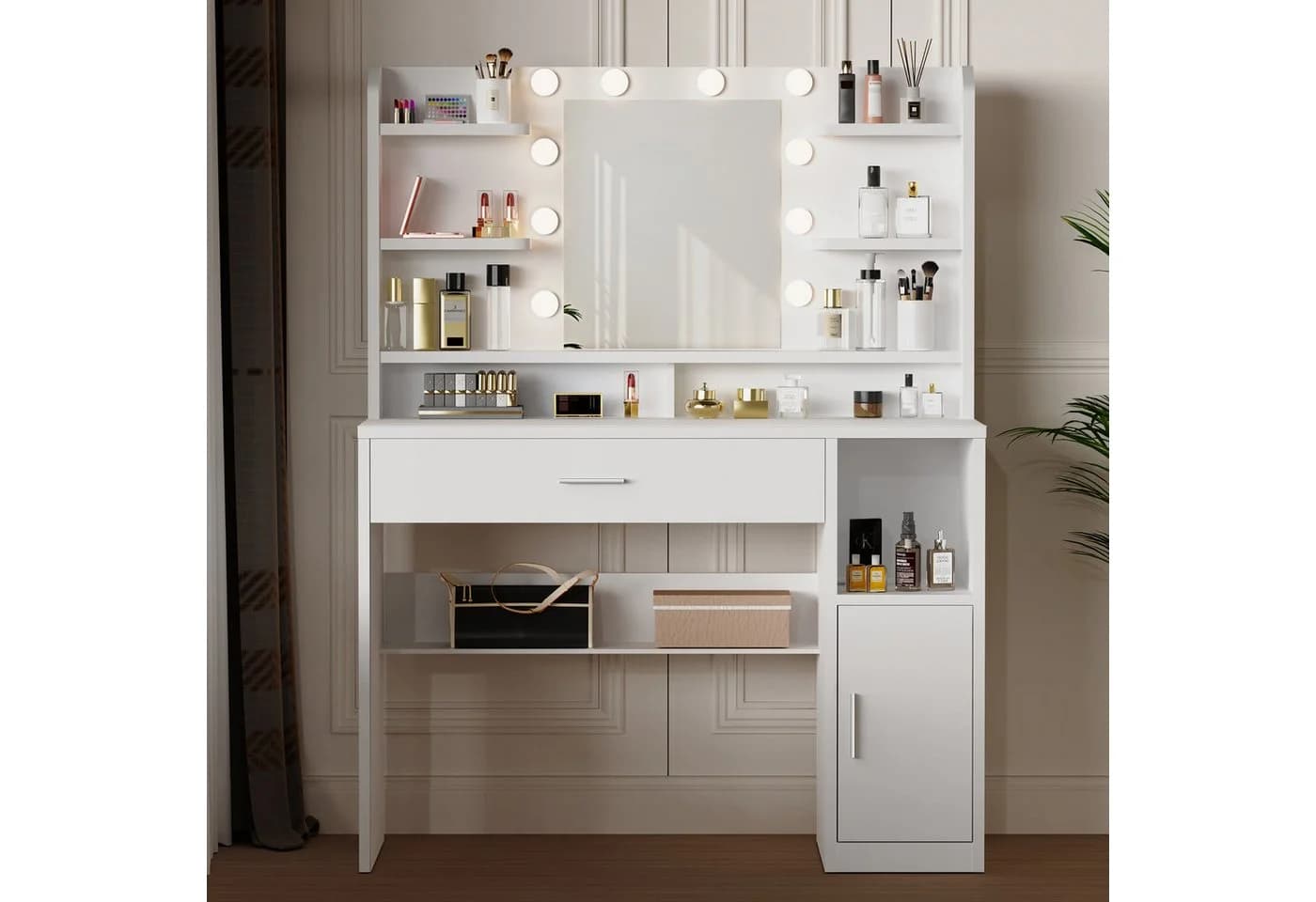 oyajia Schminktisch mit LED-Beleuchtung, einstellbare Helligkeit, 1 Schublade, Weiß - Bild 3